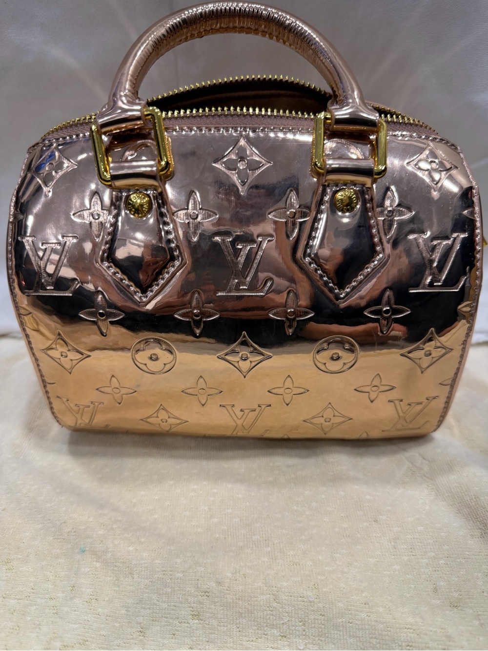 Rose Gold Monogram Patent Alma BB Tote